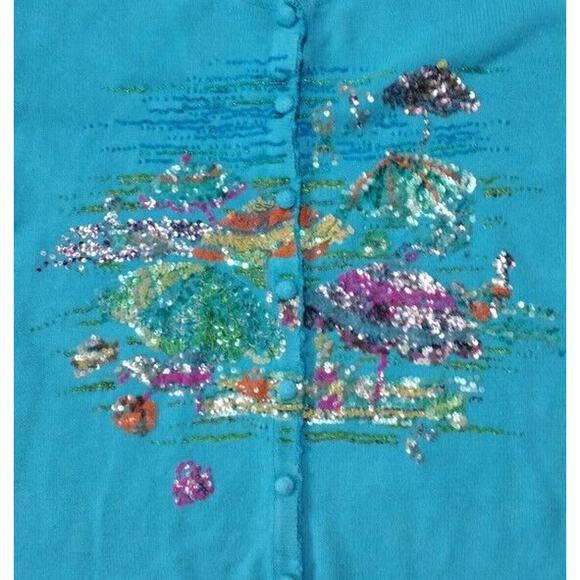 Quacker Factory Sequined Beach Motif Cardigan Blue Size 2X - Picture 4 of 8